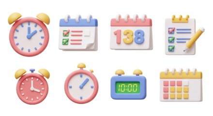 Cute 3D time management and planning icons, featuring alarm clocks, calendars with marked dates, a checklist with a pencil, and a digital timer for productivity and organization