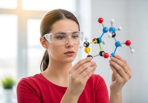 Woman in Lab Glasses Examining Molecular Model.
