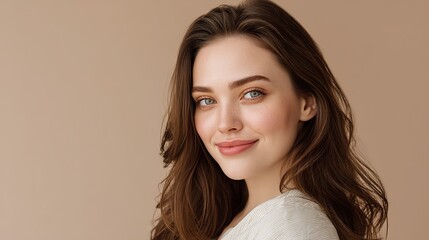 Fototapeta premium A portrait of a charming woman with long brown hair, dressed in casual attire, smiling and looking at the camera, standing outdoors with a blurred background of nature or landscape.