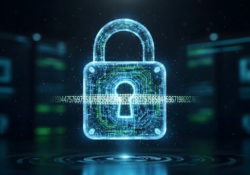 Cybersecurity concept showcasing digital padlock with circuit patterns and glowing numbers, Emphasizing digital data protection with futuristic padlock hovering above water reflections
