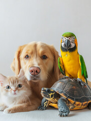 Happy World Animal Day celebration: dog, cat, parrot, and turtle sitting together in harmony. Bright daylight, minimalist background