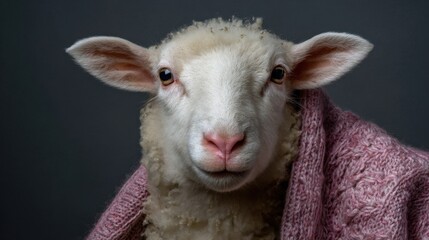 Fototapeta premium Adorable sheep wrapped in warm pink knit blanket against gray background