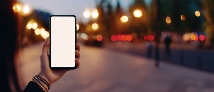 The smartphone held in hand against a softly lit urban backdrop - Powered by Adobe