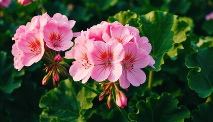 Vibrant pink geranium flowers botanical garden photography lush environment close-up view nature's beauty