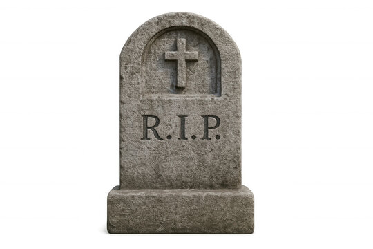 Stone gravestone with carved cross and rip engraving, transparent backdrop highlighting solemn memorial symbolism
