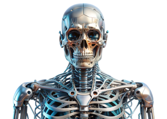 Metallic Cyborg Skeleton with Blue Eyes and Intricate Details robot human anatomy isolated on a transparent background