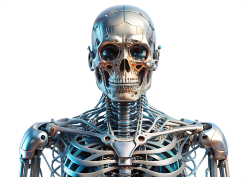 Metallic Cyborg Skeleton with Blue Eyes and Intricate Details robot human anatomy isolated on a transparent background