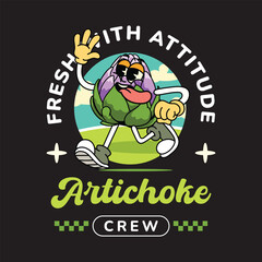 Walking Artichoke vegetable in a retro cartoon character