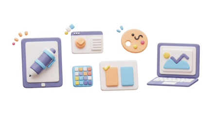 Cute 3D Graphic Design and Digital Art Icon Set: Drawing Tablet with Stylus, UI Screens, Color Palette, and a Laptop with an Image