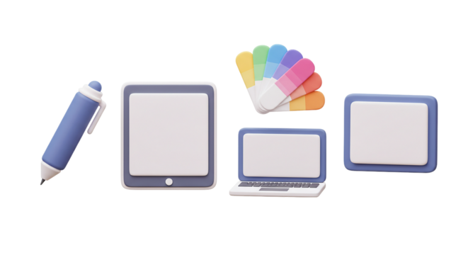 Cute 3D Graphic Design and Digital Workspace Icon Set: Drawing Pen, Tablet, Color Swatches, Laptop, and a Computer Screen