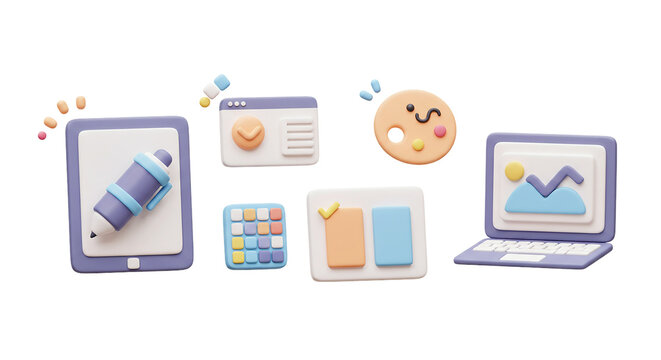 Cute 3D Graphic Design and Digital Art Icon Set: Drawing Tablet with Stylus, UI Screens, Color Palette, and a Laptop with an Image - Powered by Adobe
