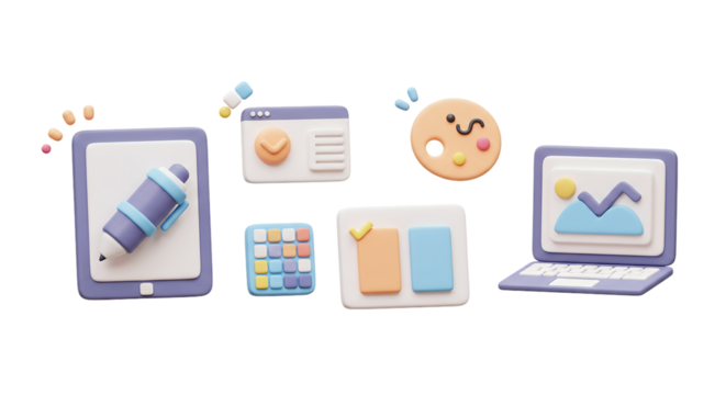Cute 3D Graphic Design and Digital Art Icon Set: Drawing Tablet with Stylus, UI Screens, Color Palette, and a Laptop with an Image