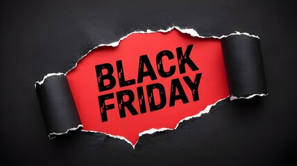 Black friday text revealed through torn black paper, symbolizing a major shopping event with significant discounts and deals