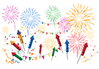 Colorful Fireworks and Confetti Celebration Design on transparent background