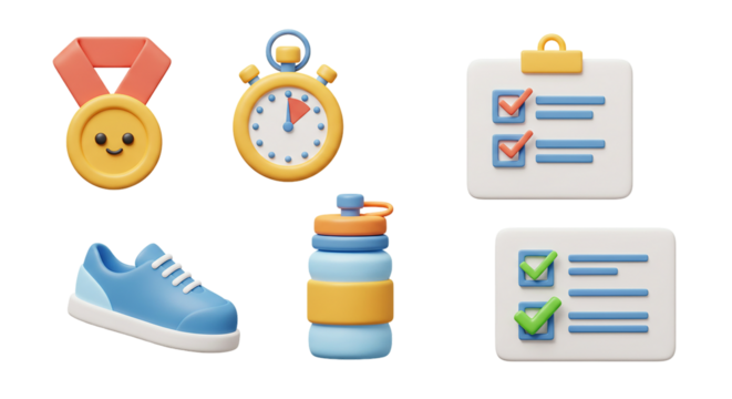 Cute 3D Fitness and Achievement Icon Set: Happy Gold Medal, Stopwatch, Sports Shoes, Water Bottle, and a To-Do List with Checkmarks
