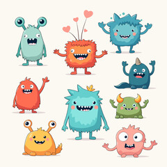 Fototapeta premium Funny cartoon monsters. Set of cartoon vector scary colorful monsters. Halloween design