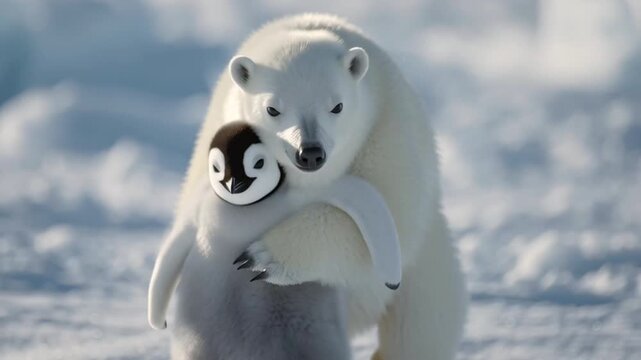 Adorable Oso polar abrazando a su amigo el pinguino en el artico rodeado de hielos