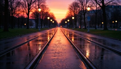 Symmetrical Rail Tracks Stretch Into A Vibrant Sunset Reflecting Warm Colors On Wet Pavement