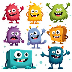Set of cartoon characters, happy and smile, cute monsters, white background, vector illustration
