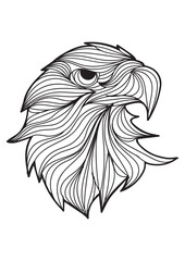 A striking black and white line art illustration depicting the majestic head of an eagle in profile, rendered with intricate, swirling patterns.