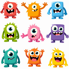 Set of colorful cartoon monsters with funny expressions, cute horns, fantasy design for kids, vector illustration