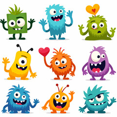 Obraz premium Set of colorful cartoon monsters with funny expressions, cute horns, fantasy design for kids, vector illustration