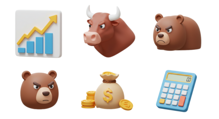 3D Financial & Stock Market Icon Set: Rising Bar Graph, Bull and Angry Bear Characters, Money Bag with Gold Coins, and a Calculator