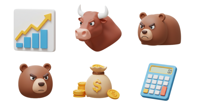 3D Financial & Stock Market Icon Set: Rising Bar Graph, Bull and Angry Bear Characters, Money Bag with Gold Coins, and a Calculator