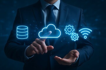 Businessman interacting with glowing cloud computing icons.
