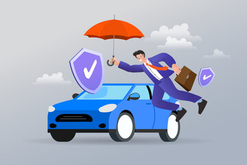 A concept of risk management and assurance, this vector art shows an agent providing full protection for a vehicle. Perfect for auto insurance advertisements and financial security topics.