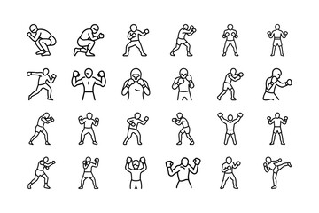 Boxer Stand with Pose Vector Icon Set. Boxing, Fighter, Martial Arts, Training, Punching, Athlete, Boxing Gloves, Fitness, Punch, Kick, Health, Champion, Sports Icon and more. Editable Stroke. 