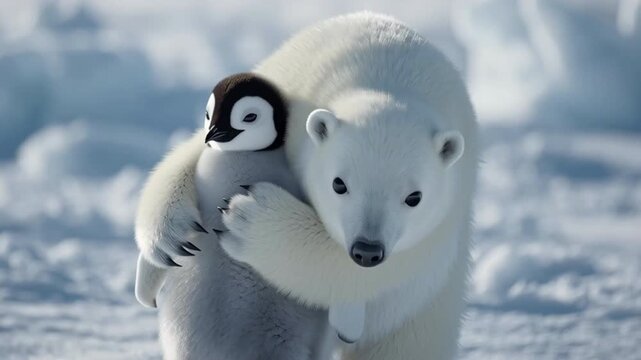 Adorable Oso polar abrazando a su amigo el pinguino en el artico rodeado de hielos