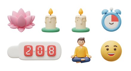 Cute 3D Meditation & Well-being Icon Set: Pink Lotus Flower, Dripping Candles, Happy Alarm Clock, Digital Timer, and Person Meditating