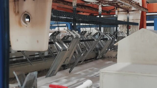  Electroplating. A production line for coating with a protective layer of metal. Corrosion and rust protection