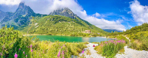 Panoramic view of Dolina Zelen&eacute;ho pleso in High Tatras, Slovakia under clear sky. Concept: nature, wilderness, eco travel