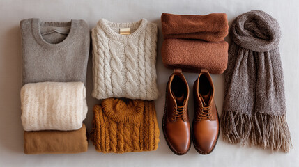 Flat lay of cozy autumn fashion essentials: warm knit sweaters, scarf, leather boots in earthy tones. Stylish seasonal wardrobe for fall and winter comfort.