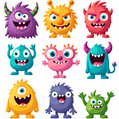 Set of cute cartoon monster characters. Funny happy alien or gremlin collection