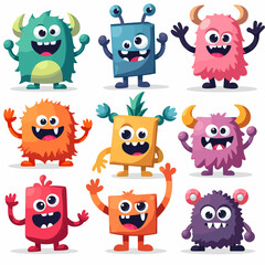 Set of cute cartoon Vector monster characters. Funny happy alien or gremlin collection