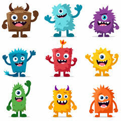 Set of cute cartoon Vector monster characters. Funny happy alien or gremlin collection
