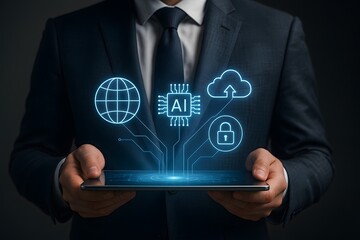 A person in a suit holding a tablet displaying AI and cloud computing icons.