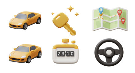 3D Car Rental and Travel Icons: Set of a Yellow Car, Shiny Key, Map, Digital Timer, and Steering Wheel for Automotive and Journey-Themed Designs