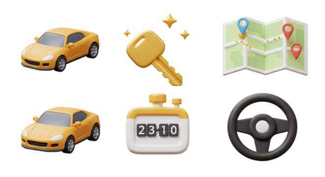 3D Car Rental and Travel Icons: Set of a Yellow Car, Shiny Key, Map, Digital Timer, and Steering Wheel for Automotive and Journey-Themed Designs