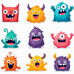 Naklejka premium Cute cartoon monster collection with colorful horns, funny expressions, fantasy characters for kids games