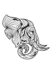 Intricate black and white line art of an elephant's head, adorned with decorative patterns and swirling lines, in a zentangle style.