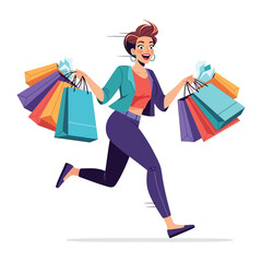 Joyful Shopping Spree: A lively woman bounds forward with overflowing shopping bags in her hands, illustrating the excitement of a successful shopping trip and the thrill of retail therapy.