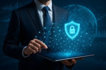A businessman in a suit holding a tablet displaying a digital security shield and globe.