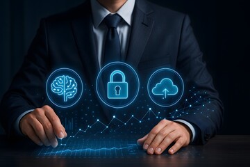 A businessman in a suit interacting with digital icons representing technology and security.