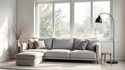 Fototapeta premium A Serene Living Room Showcases Soft Gray Tones Highlighting A Comfortable Sectional Couch And