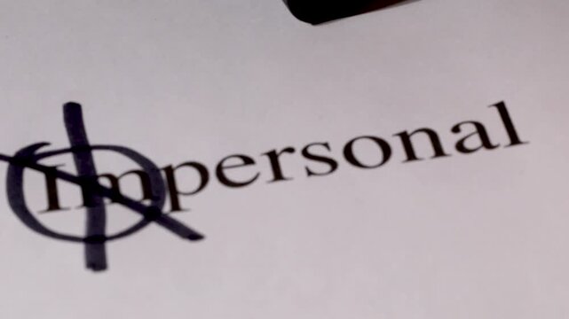 A close-up shot of a hand holding a pen, editing text on paper by striking out the prefix &ldquo;im&rdquo; from the word &ldquo;impersonal&rdquo; to transform it into the positive word &ldquo;personal.&rdquo;