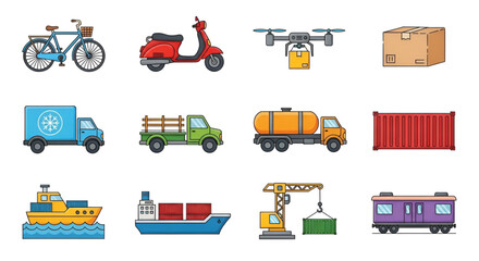 Comprehensive collection of colorful flat design icons representing diverse global transport and logistics solutions for efficient shipping, delivery, and modern freight movement